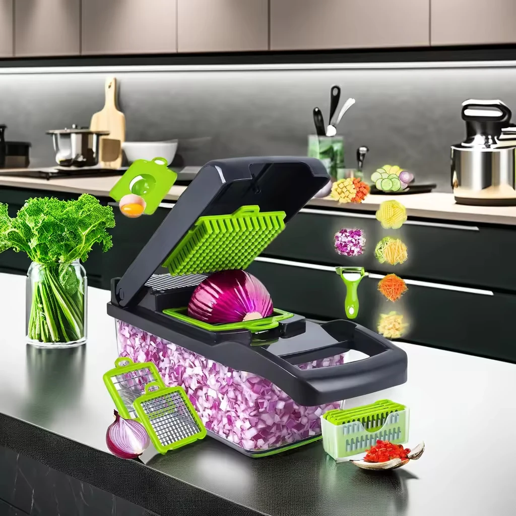 H5561dea8c4b3482f832acded4474b403F.webp Hyri Top Seller Kitchen Utensils Manual Home and Kitchen Gadgets Commercial Vegetable Chopper 15 in 1 Plastic Pro Onion Chopper - Image 1